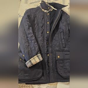 Barbour Dark Blue Quilted Jacket with Plaid Accents